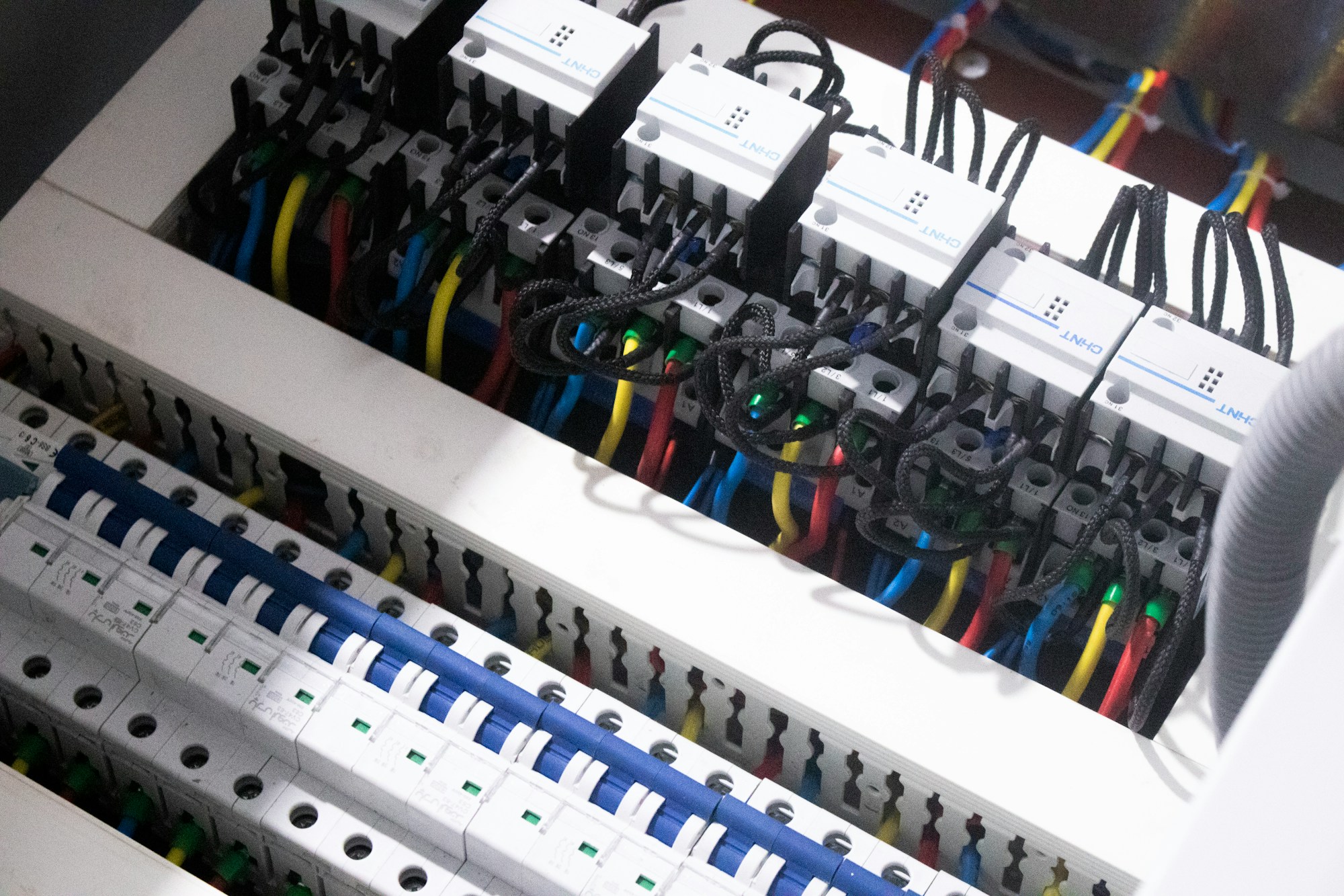 Wiring and controls inside an electrical panel